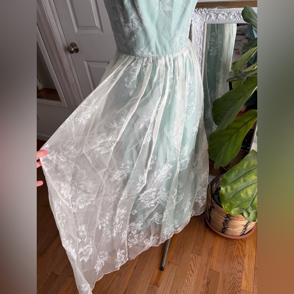 Vintage Dana Buchman Lined Silk Maxi Dress Mint Green Floral Sz 8 Cottagecore - Picture 4 of 9